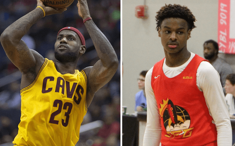 Lebron james and Bronny james , photo by Keith Allison from Hanover, MD, USA, LeBron James Cavaliers at Wizards 11-21-2014, CC BY-SA 2.0 , photo by Eleven Warriors, Lebron "Bronny" James Jr (cropped), CC BY-SA 2.0